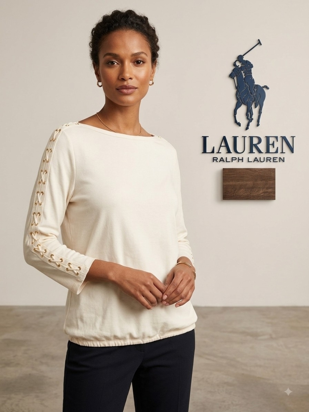 Lauren Ralph Lauren Cream Lace-Up Sleeve Boatneck Top Like New 💕